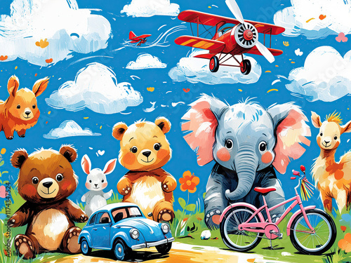 cute baby animals wallpaper mural for kids, hand drawn, bear, elephants, plane, cars, bike,
