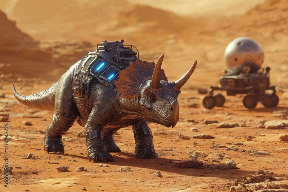 Fototapeta premium A dinosaur with a rocket on its back is standing on a rocky surface