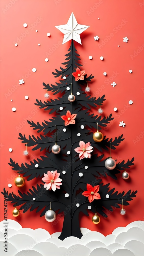 Paper Christmas Tree With Ornaments, Poinsettias And Snowflakes Paper Christmas Tree With Ornaments, Poinsettias And Snowflakes