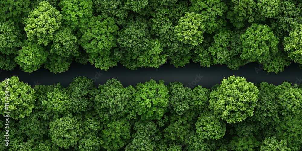 Fototapeta premium Aerial View of Lush Green Forest with a Dark Road Running Through