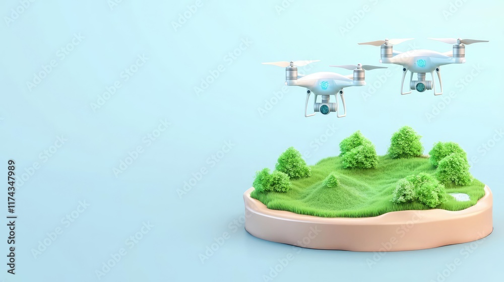 Obraz premium Generation technology transformation concept. Tech-enhanced environment, AI drones monitoring green landscapes, 3D illustration