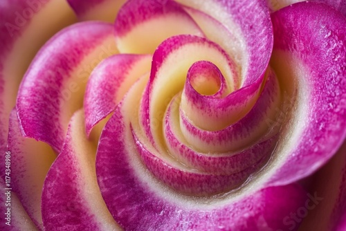 Close-up of a vibrant pink and yellow spiral cut radish slice photo