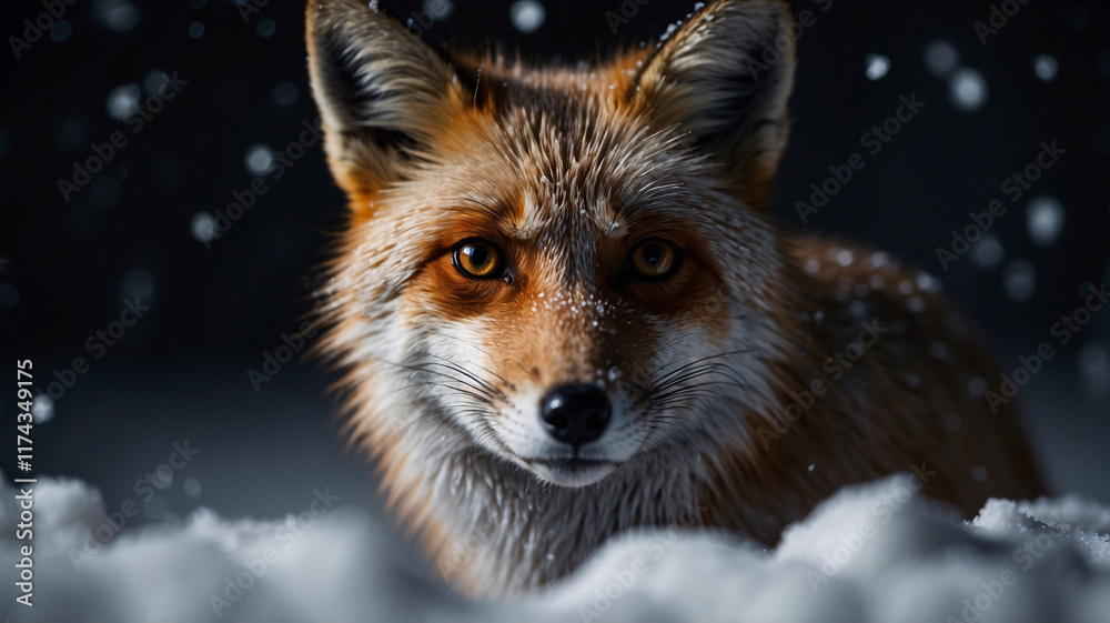 Obraz premium Stunning image of a snow fox in the snow snowflakes on its fur set against a dark background in professional winter photography
