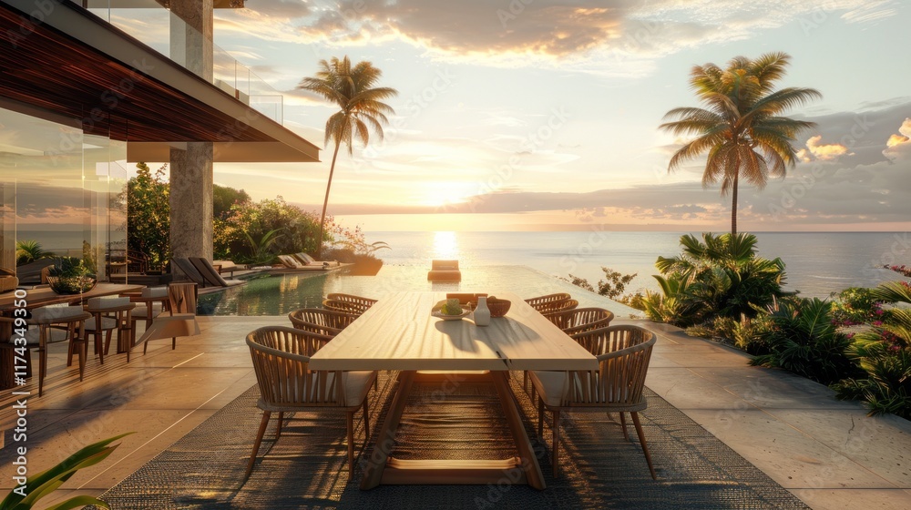 Fototapeta premium Terrace dining table with sea view at sunset, AI generated image