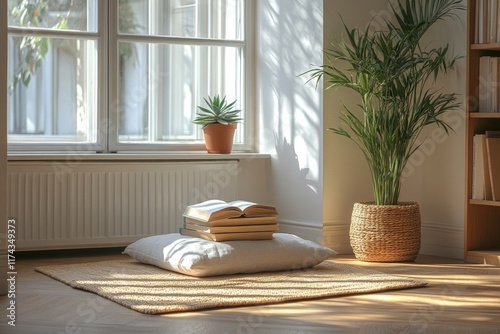 Modern sunlit living room with large windows and tall indoor plants photo