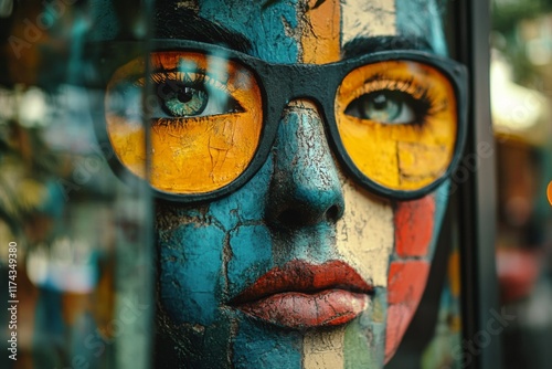 Vibrant artistic portrait of a woman with colorful abstract paint on her face photo