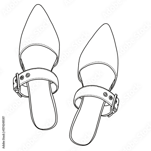 Women's Mules Adjustable Strap Pointed Toe Backless Loafer Shoes Line art, Technical sketch hand drawing outline vector doodle top view isolated on white background for coloring page