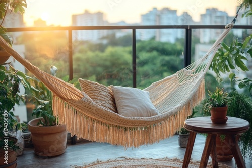 Hammock in sunny balcony surrounded by green plants photo