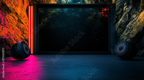 vibrant space themed photo booth featuring dark starry backdrop, illuminated by colorful neon lights and surrounded by abstract shapes. Perfect for creative photography