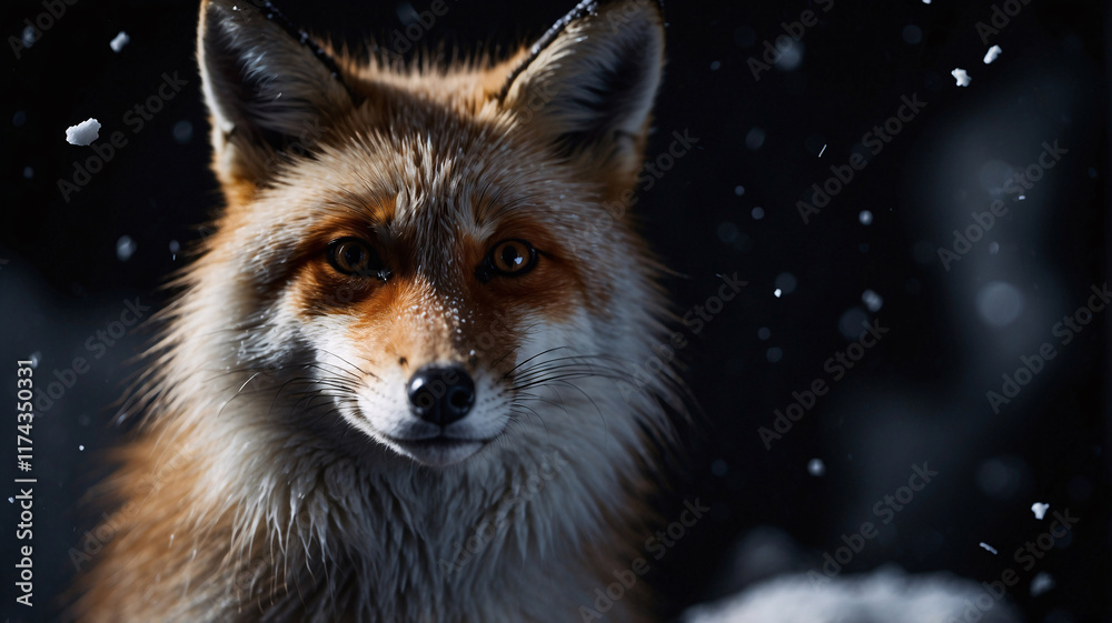 Obraz premium Captivating snow fox in the winter with snowflakes delicately falling on its fur shot against a dark background in professional photography
