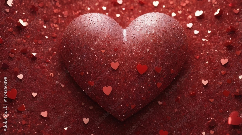 Fototapeta premium Textured Red Heart with Glittery Smaller Hearts on Vibrant Background