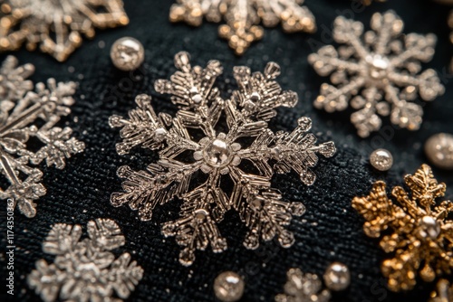 Closeup of intricate snowflake ornaments on black background photo