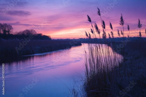 Sunset over a lake with silhouetted reeds photo