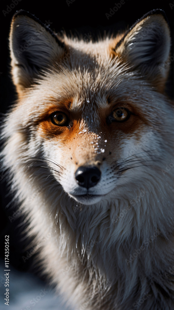 Fototapeta premium Close up shot of a snow fox with snowflakes gently falling on its fur captured in professional winter photography against a dark background