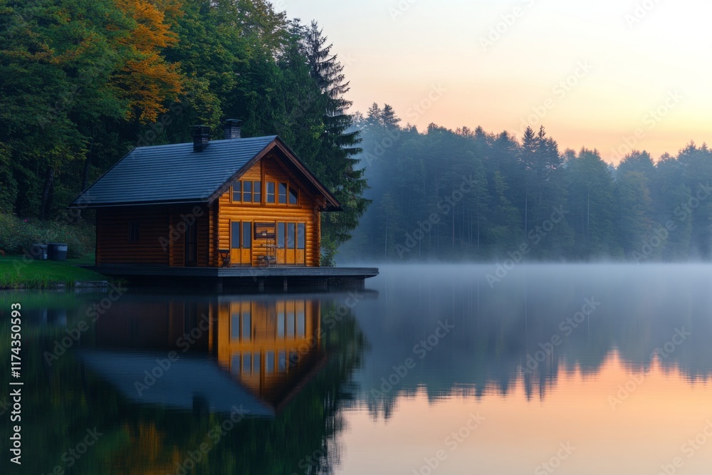Wooden cabin reflecting on still lake surrounded by autumn forest Wooden cabin reflecting on still lake surrounded by autumn forest