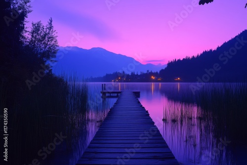 Boardwalk over water surrounded by vibrant purple and pink sky photo