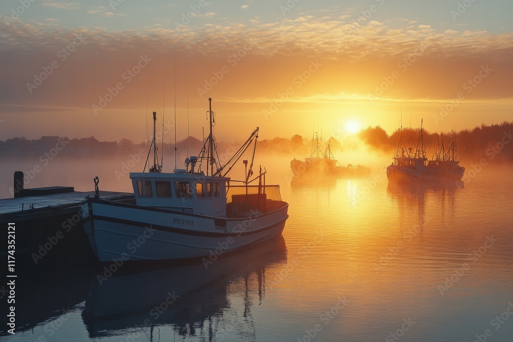 Fototapeta premium Boats docked at harbor during a vivid sunset