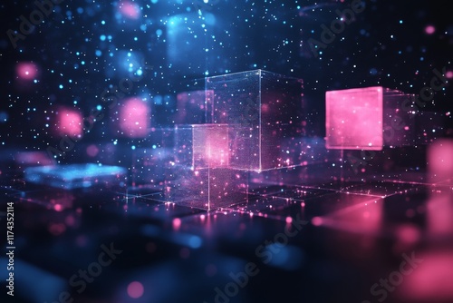 Abstract glowing pink and blue digital cubes on black background photo