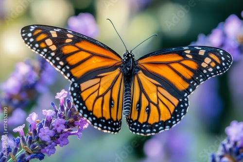 Closeup of two monarch butterflies on lavender flowers photo