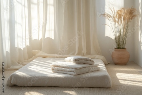 Cozy bedroom with natural light and a soft white bed photo