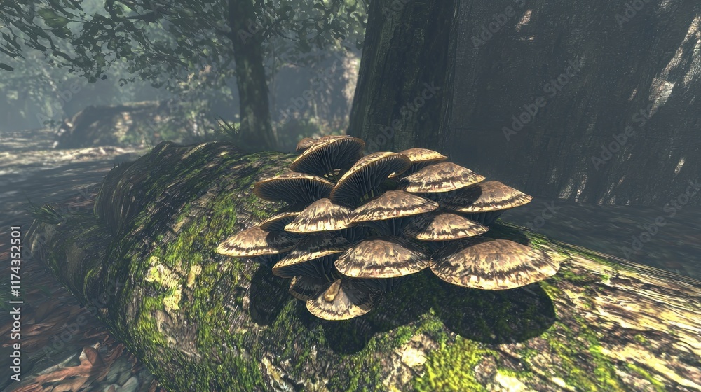 Cluster of mushrooms growing on a mossy log in a forest setting. Cluster of mushrooms growing on a mossy log in a forest setting.