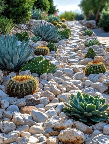 Sunlit xeriscape garden with succulents and cacti planted in white gravel. photo