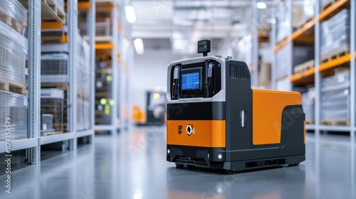 Forklift doing storage in warehouse by artificial intelligence automation. Robotics applied to industrial logistics