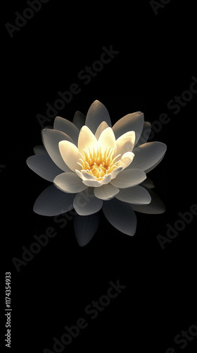 single white flower with soft glow, floating gracefully in darkness