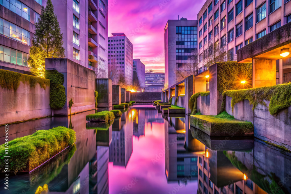 Fototapeta premium serene cityscape at twilight, featuring reflections in water and vibrant colors