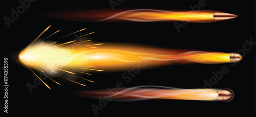 Set illustration of bullets in motion, showcasing the intense speed and energy as they travel through space. The image features a close-up view of glowing projectiles with trails of fiery light and