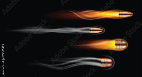 Set illustration of four bullets captured in dynamic motion, showcasing their speed with vibrant trails of flames and smoke. The visual contrasts between the glowing fiery and subtle smoky trails