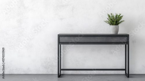 Modern console table, plant, textured wall, minimalist interior, home decor photo