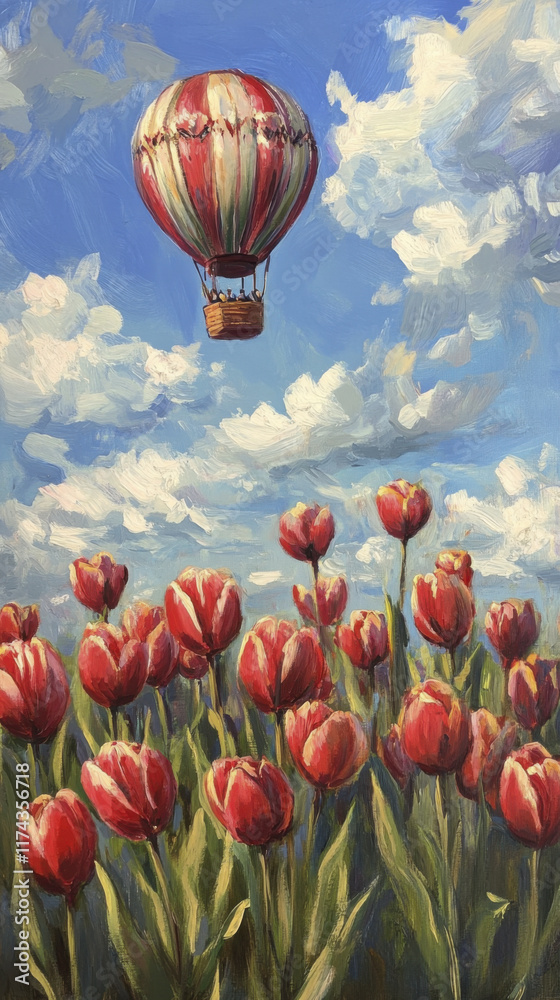 Obraz premium Lush oil painting of red tulips swaying under hot air balloon in blue sky