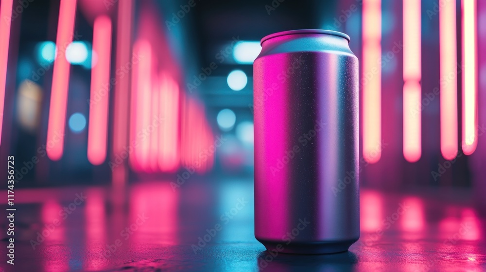 Sleek aluminum can in vibrant neon light. Sleek aluminum can in vibrant neon light.