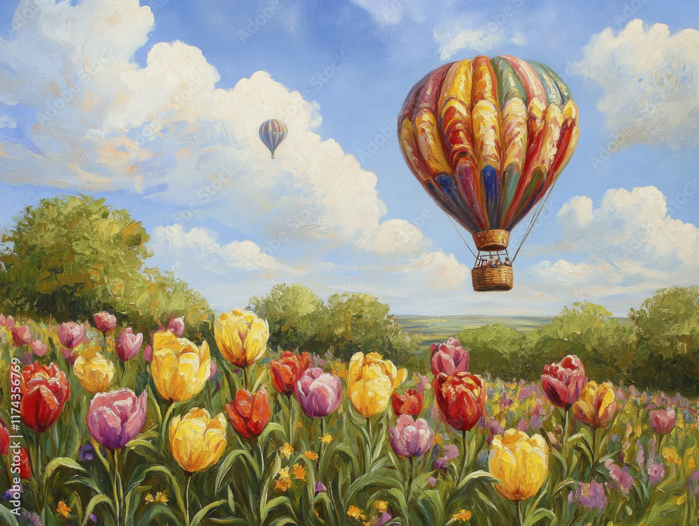Fototapeta premium Lush hot air balloons soaring over vibrant tulip field under blue skies