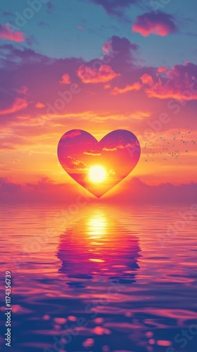 Captivating heart shaped sun reflecting on the calm mirrored surface of a body of water during a vibrant dramatic sunset sky with warm pastel colored clouds  The serene