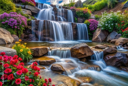 Serene Waterfall Through Flowers and Rocks - Stunning Nature Scene