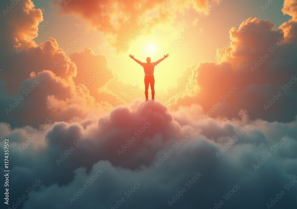 Person stands on clouds with arms raised during sunset in a vibrant sky Person stands on clouds with arms raised during sunset in a vibrant sky