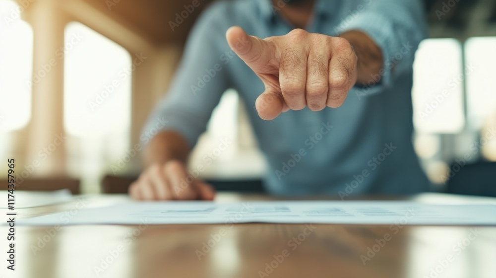 A focused individual emphasizes a point while discussing documents, conveying a sense of urgency and importance in a professional setting.