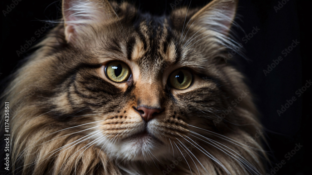 Fototapeta premium Impressive Norwegian Forest Cat with Glossy Long Fur Captured in High Resolution with Black Background