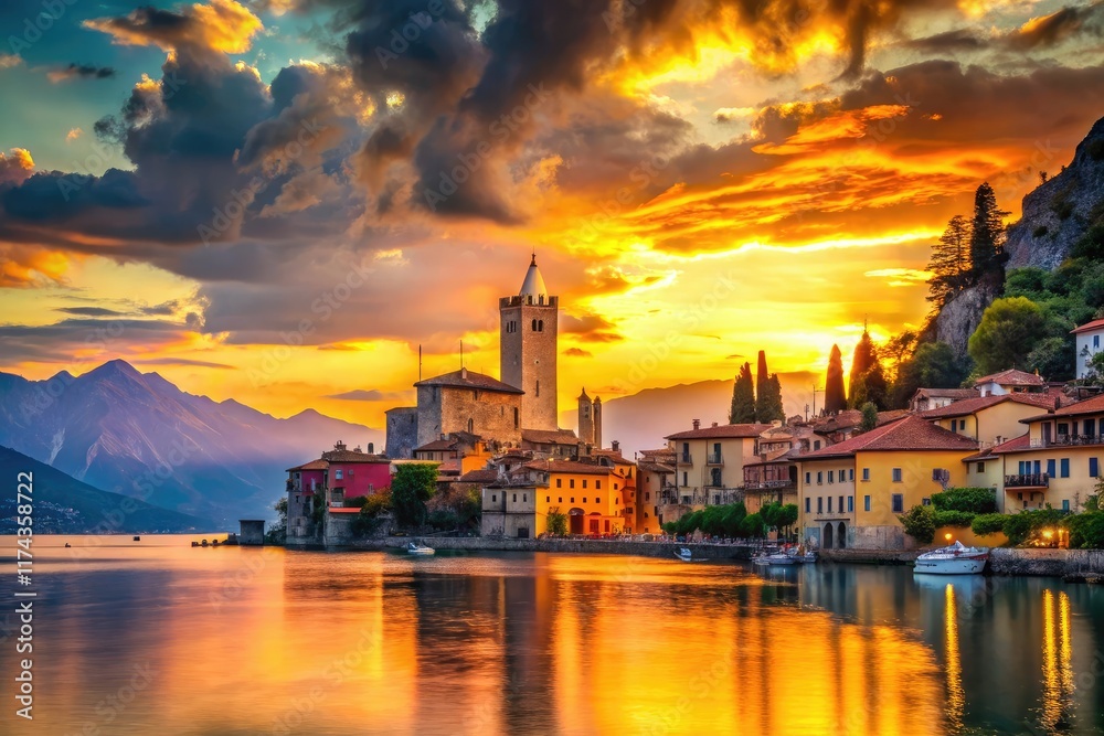 Fototapeta premium Silhouette Landscape Malcesine Garda Lake Italy