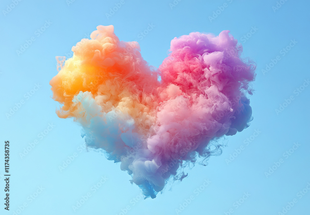 A whimsical heart-shaped cloud floats in the sky, blending hues of blue, pink, and orange. The fluffy pastel tones add a playful, romantic touch to the serene blue backdrop.