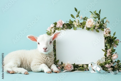 A white lamb is laying on a bed of flowers and a blank sign