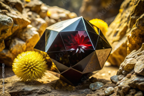 geometric arrangement of polished obsidian with vibrant flowers