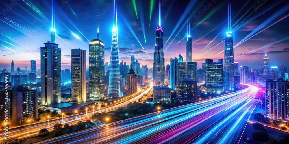 Fototapeta premium Smart City Skyline - Neon Data Trails - High Definition