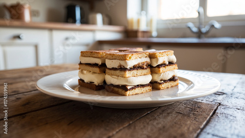 a beautifully plated tiramisu on a rustic wooden table in the kitchen, with delicate layers of espresso soaked ladyfingers and creamy mascarpone photo