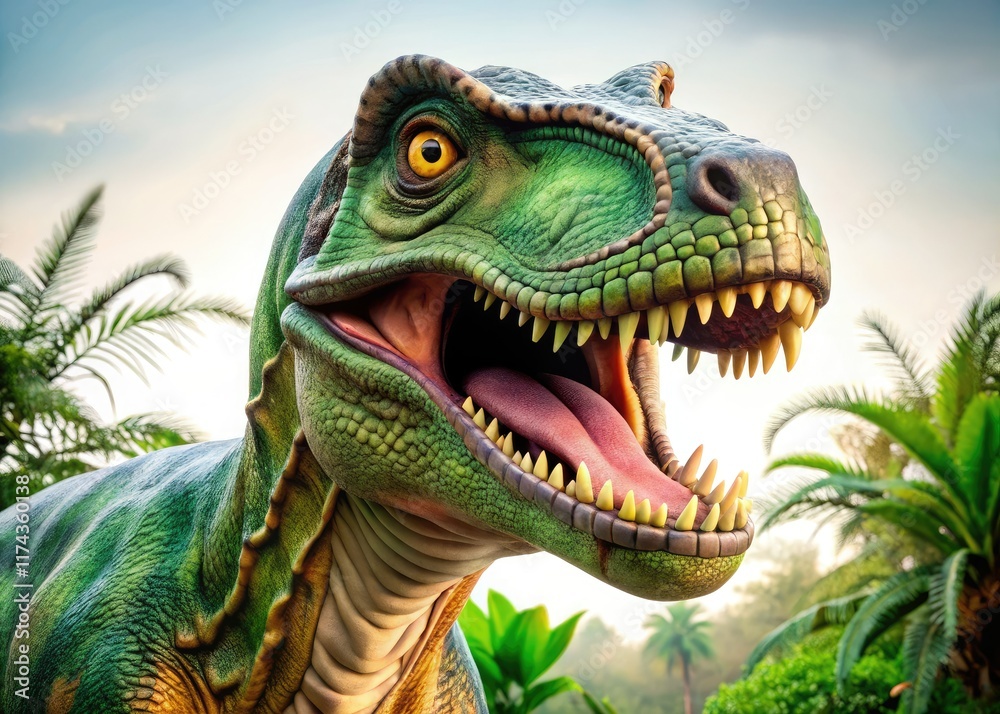 Smiling Dinosaur Panoramic Photo, Prehistoric, Green Brown, White Background
