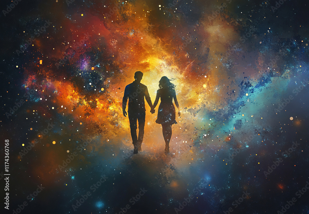 Two figures holding hands in glowing light, surrounded by stars and nebulae, celebrating connection and wonder. Two figures holding hands in glowing light, surrounded by stars and nebulae, celebrating connection and wonder.