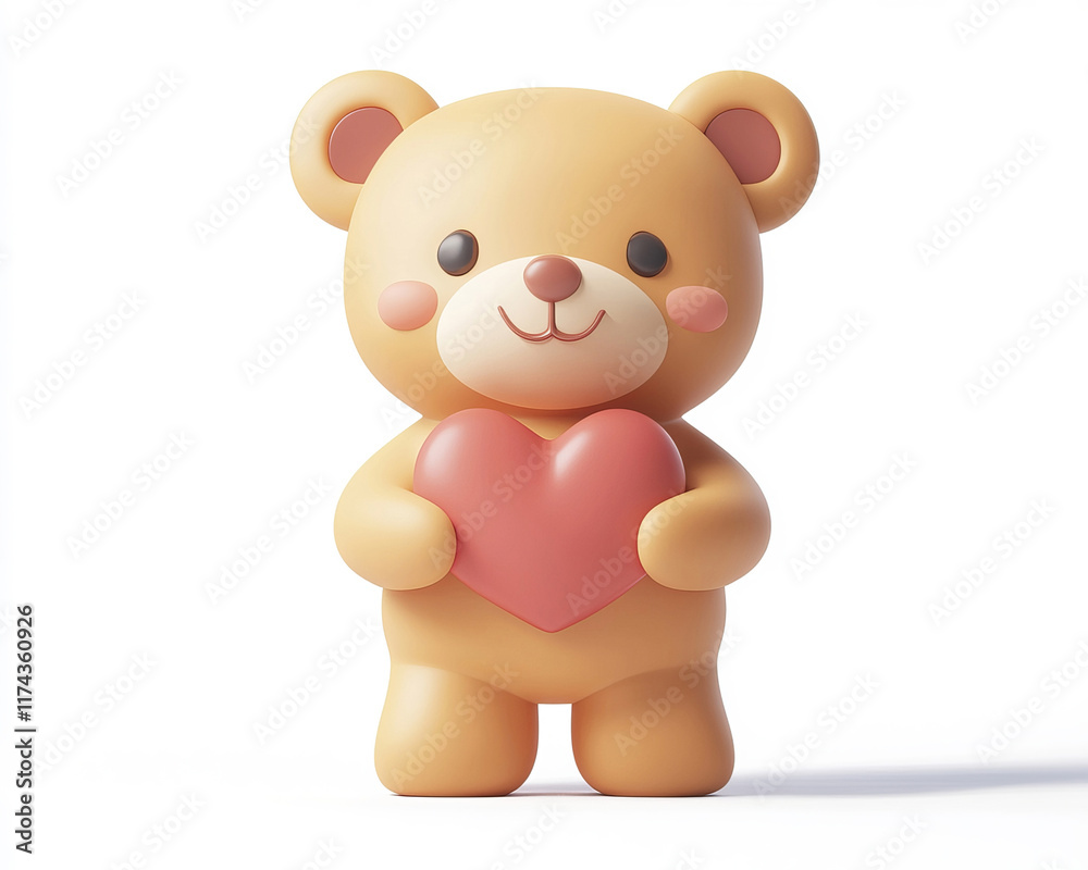 Fototapeta premium A cute 3D teddy bear holding a heart, presented in a simple and isolated style on a clean white background, perfect for Valentine's Day or romantic themes.