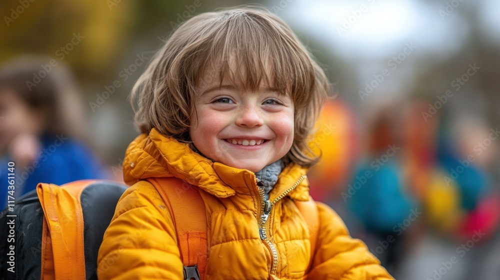 A smiling child in an orange jacket, ready for school, with other kids in the background. A smiling child in an orange jacket, ready for school, with other kids in the background.